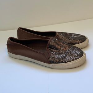 Women’s Canvas Sparkly Slip On Shoes Brown Size 8